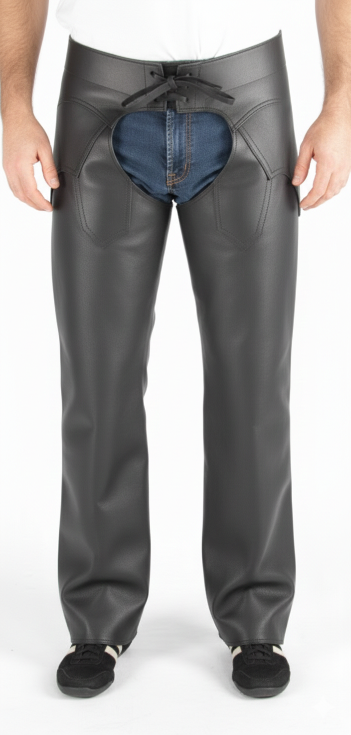 Men's obsidian black leather performance biker chaps with a diamond-quilted waistband and silver buckle.